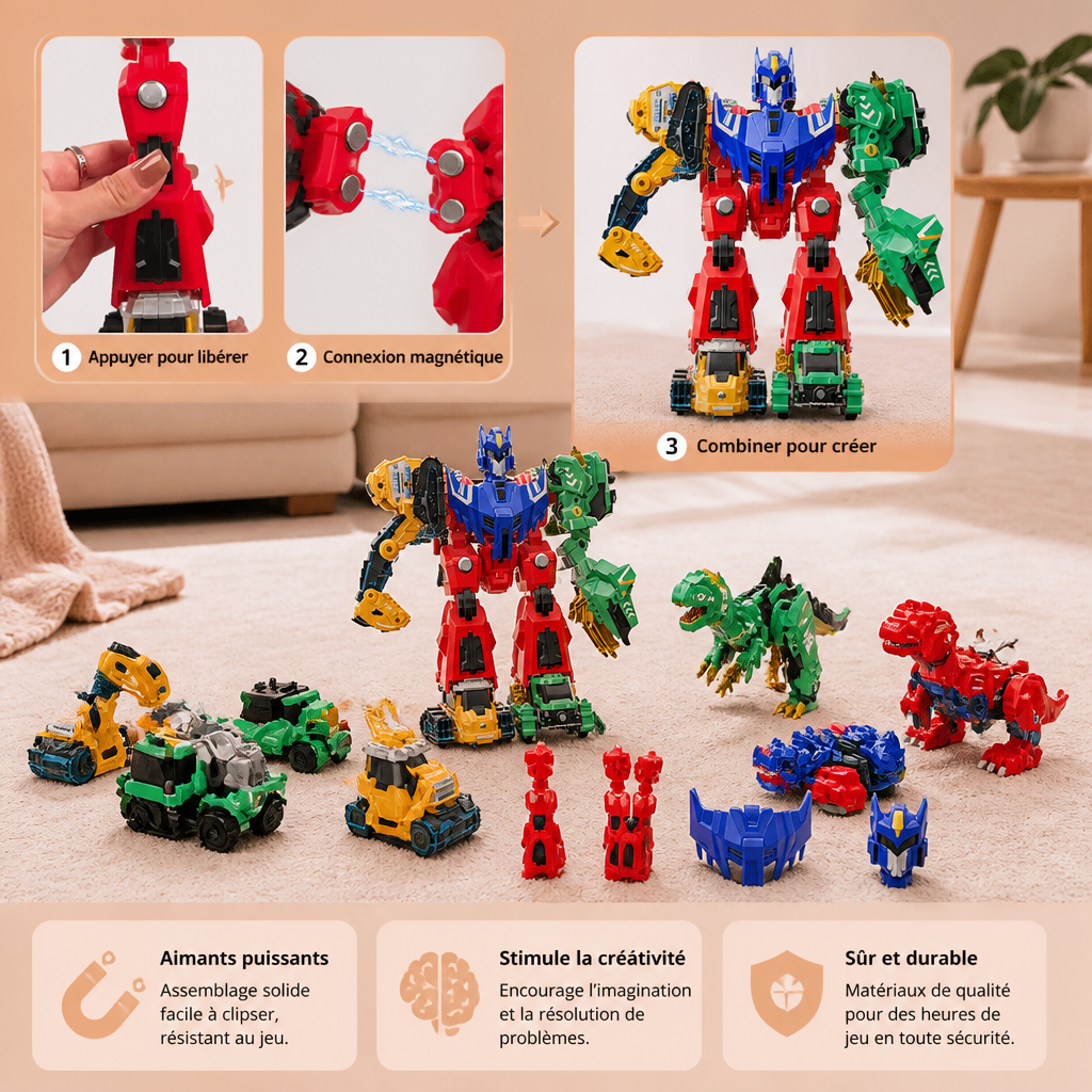 Jouet magnétique transformable 6-en-1 – Construisez 6 véhicules, 3 dinosaures et 1 robot