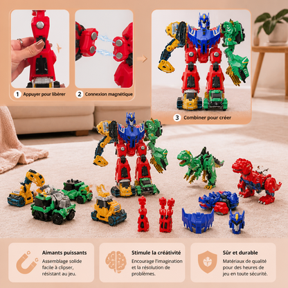 Jouet magnétique transformable 6-en-1 – Construisez 6 véhicules, 3 dinosaures et 1 robot