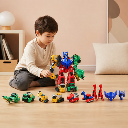 Jouet magnétique transformable 6-en-1 – Construisez 6 véhicules, 3 dinosaures et 1 robot