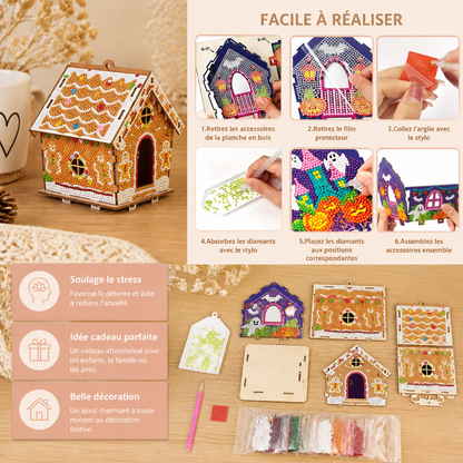 Kit DIY de Puzzle 3D en Bois – Maison en Pain d’Épices avec Diamond Art