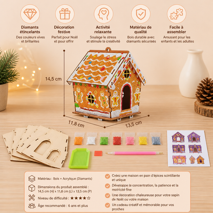 Kit DIY de Puzzle 3D en Bois – Maison en Pain d’Épices avec Diamond Art
