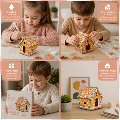 Kit DIY de Puzzle 3D en Bois – Maison en Pain d’Épices avec Diamond Art