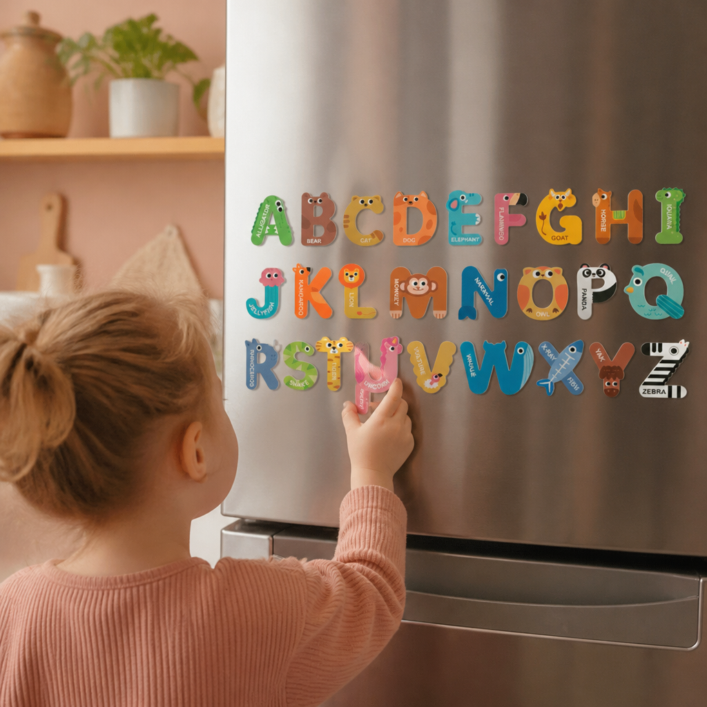 Aimants Alphabet et Chiffres avec Animaux pour Réfrigérateur – Kit d’Apprentissage et d’Orthographe pour Enfants