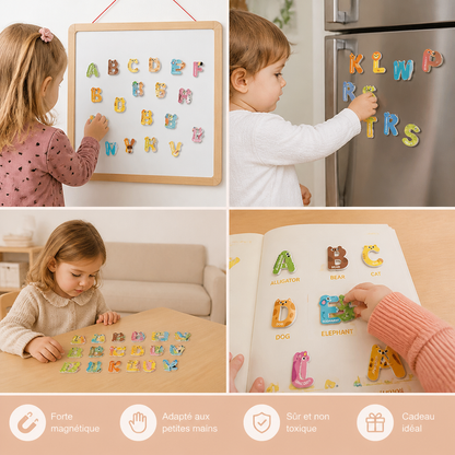 Aimants Alphabet et Chiffres avec Animaux pour Réfrigérateur – Kit d’Apprentissage et d’Orthographe pour Enfants