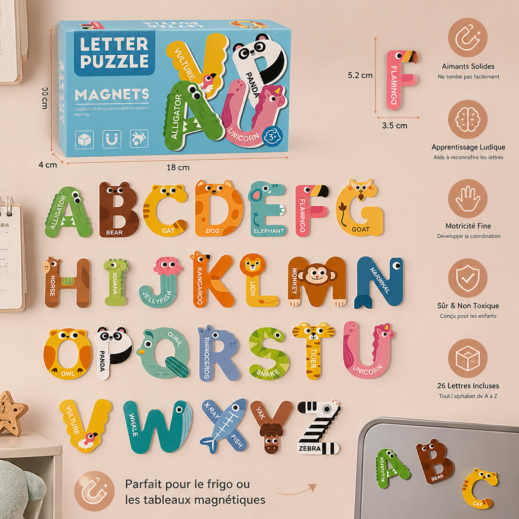 Aimants Alphabet et Chiffres avec Animaux pour Réfrigérateur – Kit d’Apprentissage et d’Orthographe pour Enfants