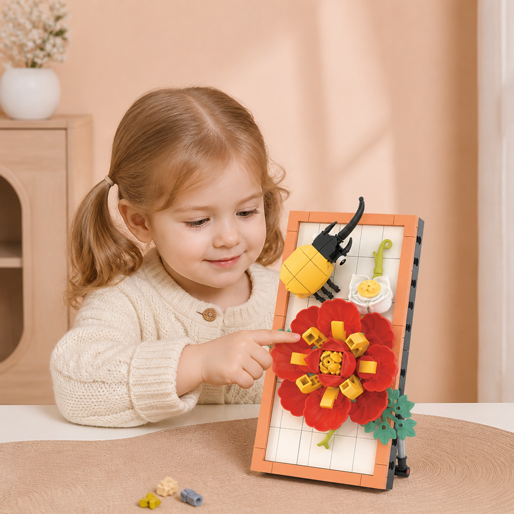 Ensemble de blocs de construction 3D DIY avec cadre naturel – Fleurs et insectes