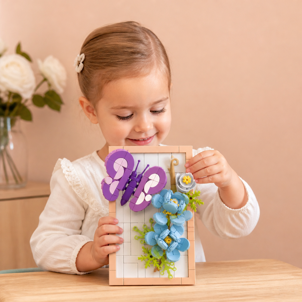 Ensemble de blocs de construction 3D DIY avec cadre naturel – Fleurs et insectes