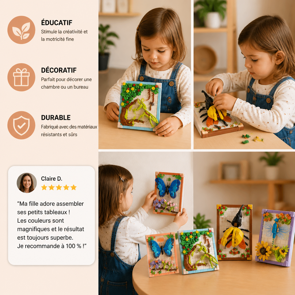 Ensemble de blocs de construction 3D DIY avec cadre naturel – Fleurs et insectes