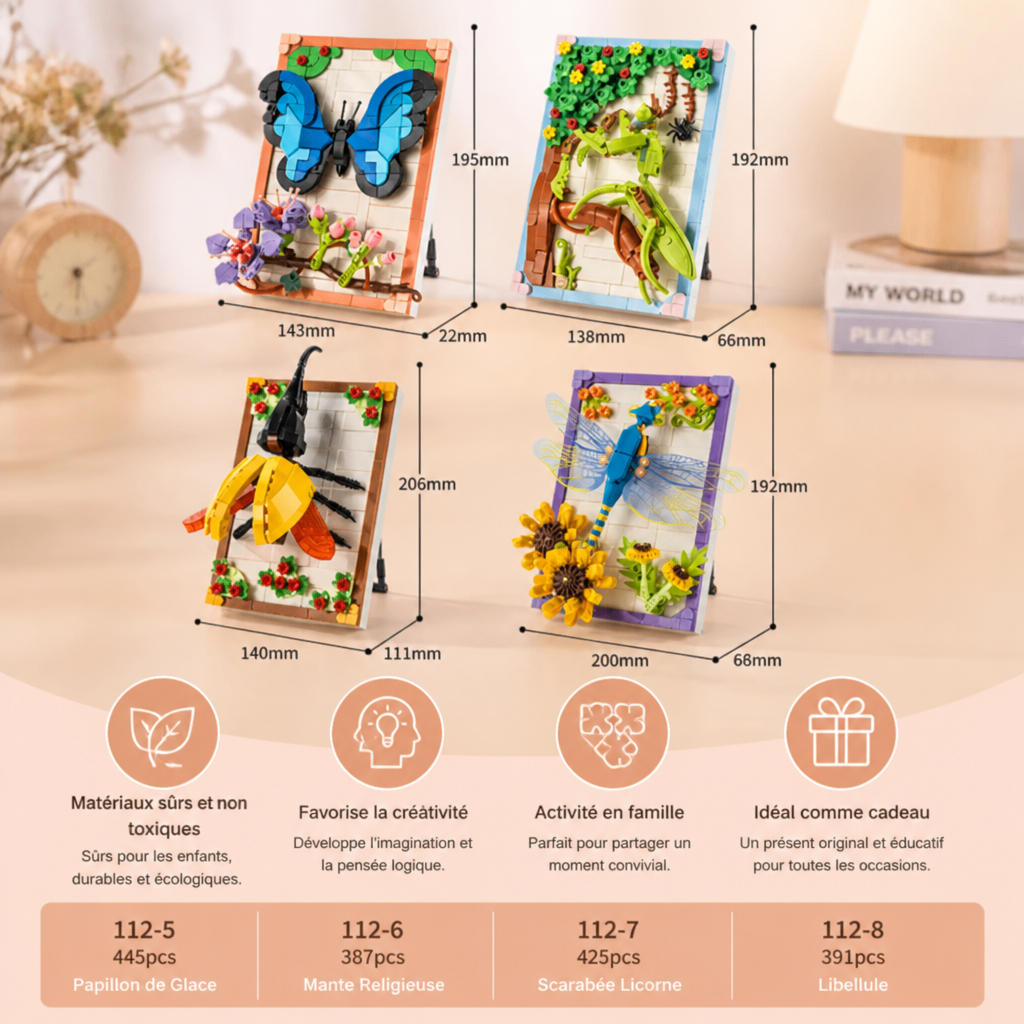 Ensemble de blocs de construction 3D DIY avec cadre naturel – Fleurs et insectes