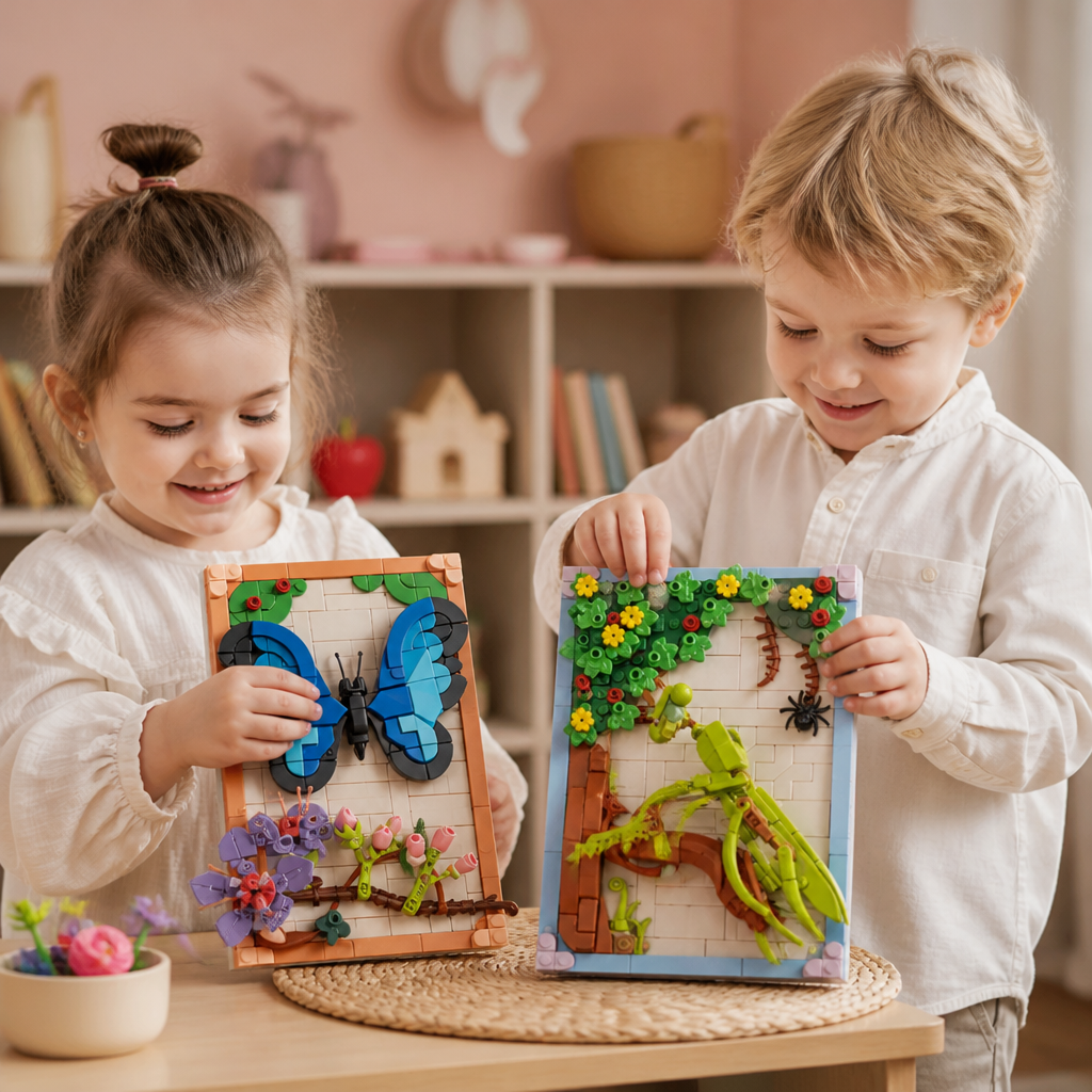 Ensemble de blocs de construction 3D DIY avec cadre naturel – Fleurs et insectes