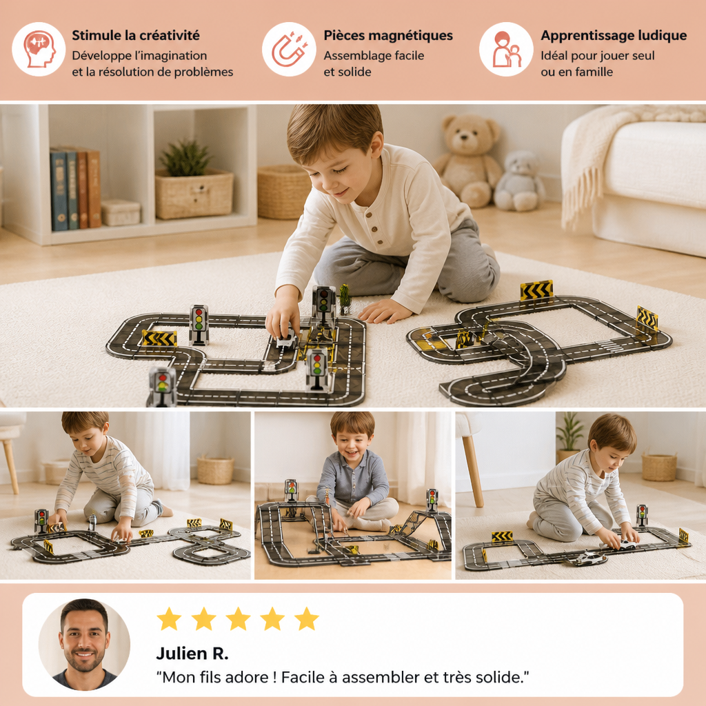 Set de Tuiles Magnétiques et de Blocs de Construction avec Routes et Feux de Circulation