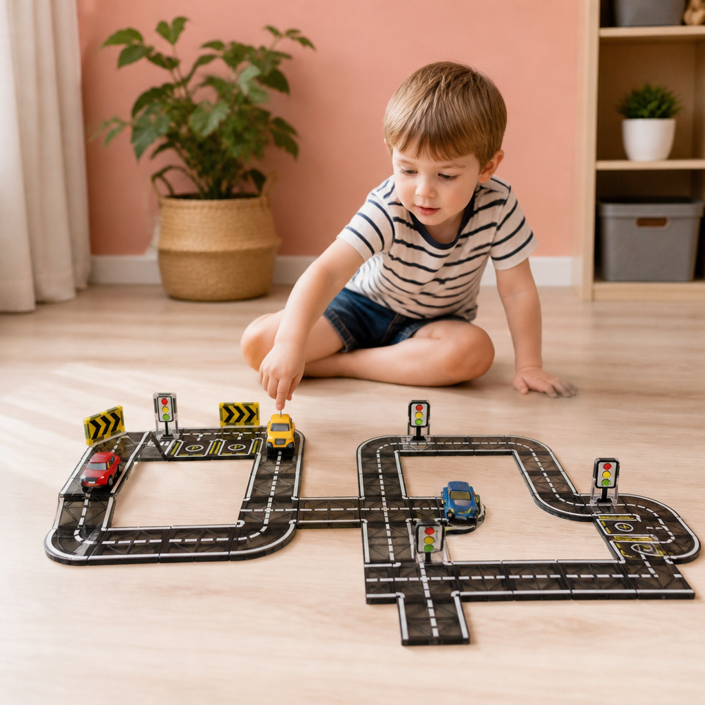 Set de Tuiles Magnétiques et de Blocs de Construction avec Routes et Feux de Circulation
