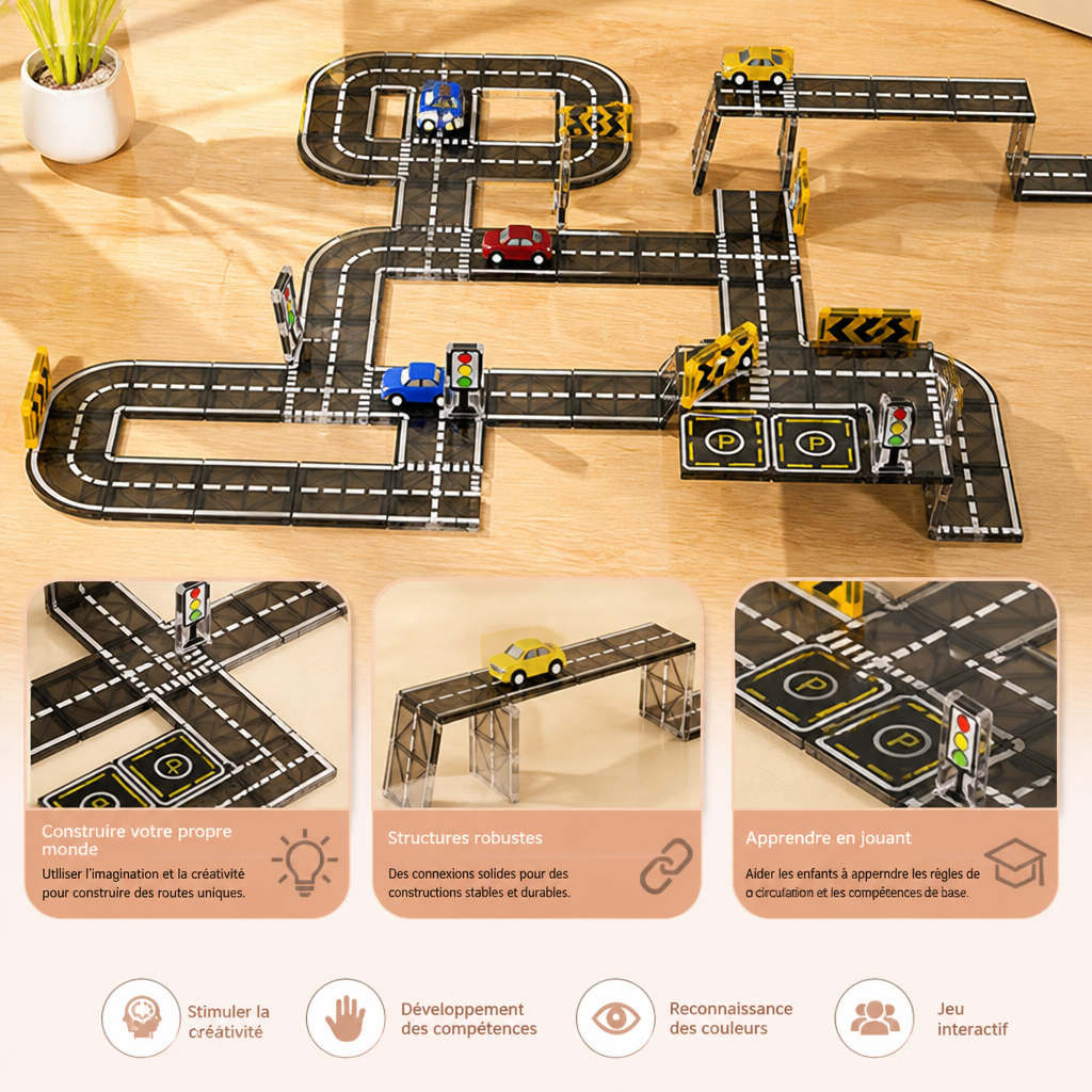 Set de Tuiles Magnétiques et de Blocs de Construction avec Routes et Feux de Circulation