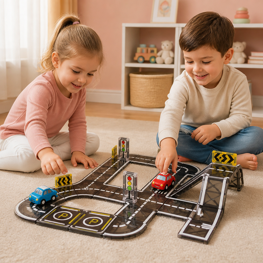 Set de Tuiles Magnétiques et de Blocs de Construction avec Routes et Feux de Circulation