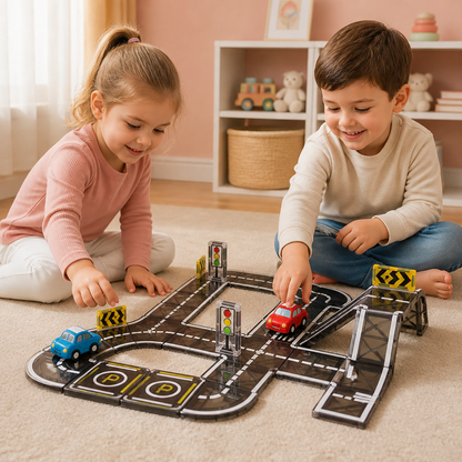 Set de Tuiles Magnétiques et de Blocs de Construction avec Routes et Feux de Circulation