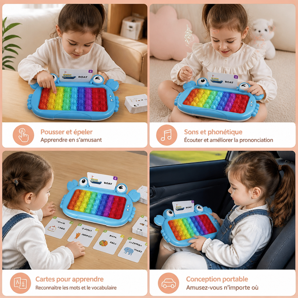 Tablette éducative interactive avec cartes parlantes, clavier Pop-It et jeux d’orthographe et de phonétique