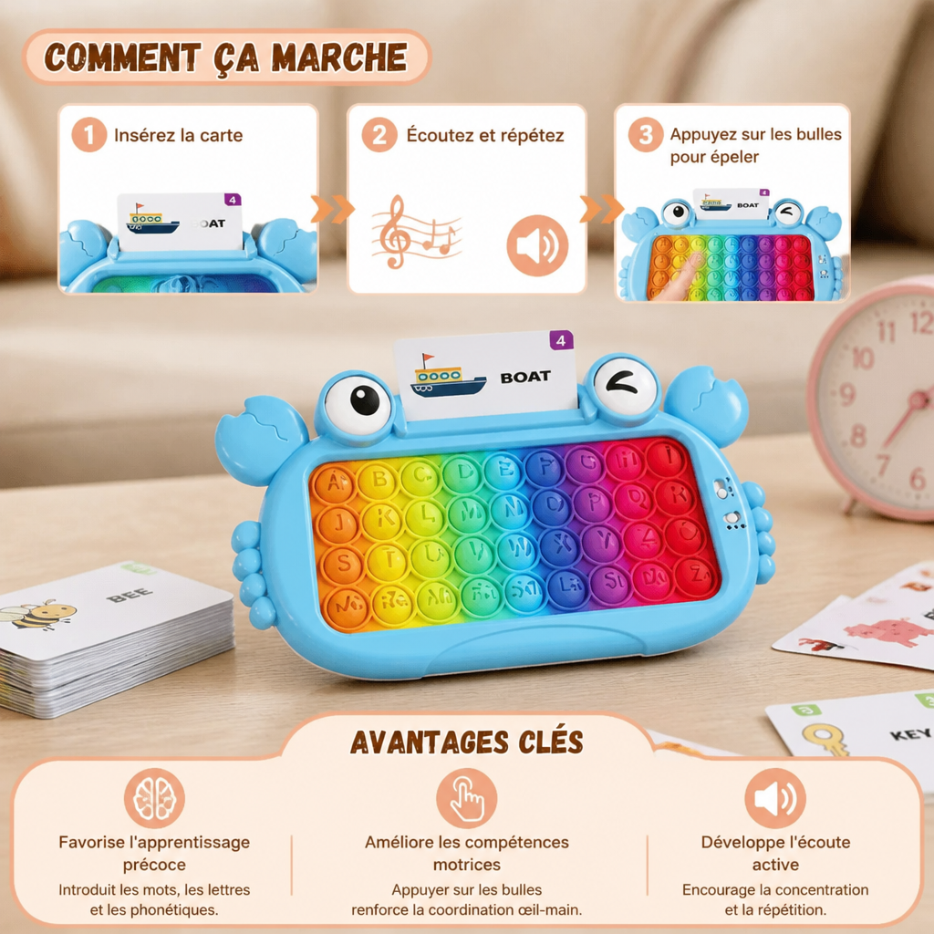 Tablette éducative interactive avec cartes parlantes, clavier Pop-It et jeux d’orthographe et de phonétique