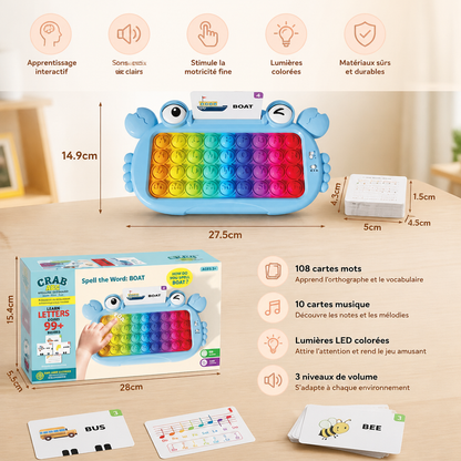 Tablette éducative interactive avec cartes parlantes, clavier Pop-It et jeux d’orthographe et de phonétique