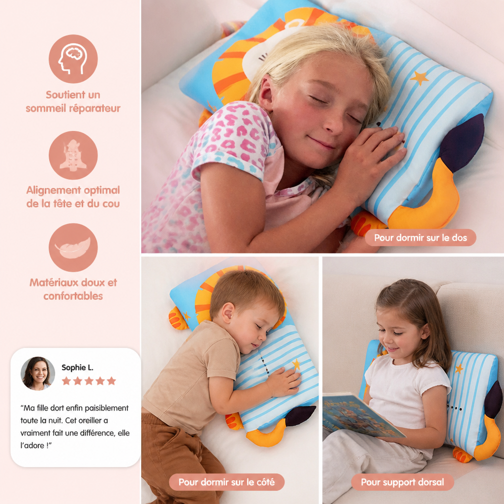 Coussin Ergonomique Apaisant pour Enfants avec Housse à Motifs d’Animaux de Dessin Animé