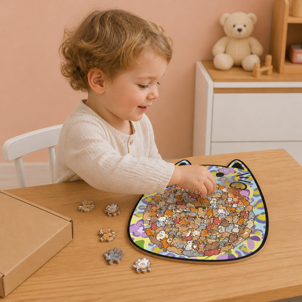 Puzzle en bois de 135 pièces avec des pièces en forme de chat