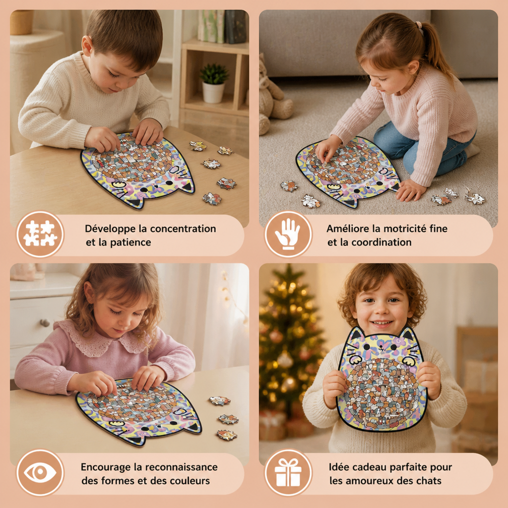 Puzzle en bois de 135 pièces avec des pièces en forme de chat