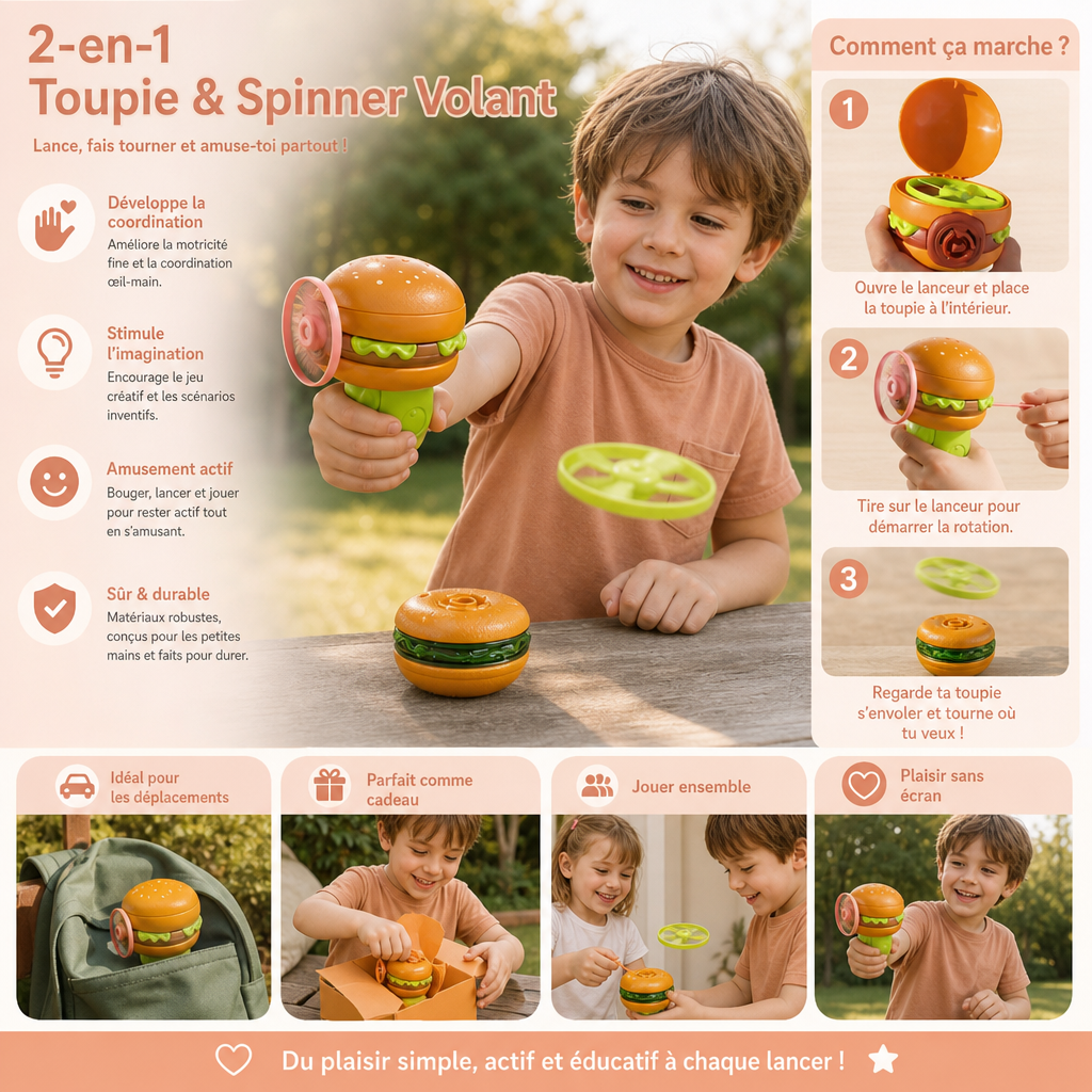 Toupie 2-en-1 et spinner volant avec lanceur pour enfants