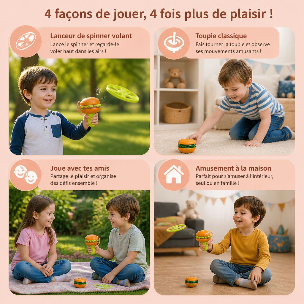 Toupie 2-en-1 et spinner volant avec lanceur pour enfants