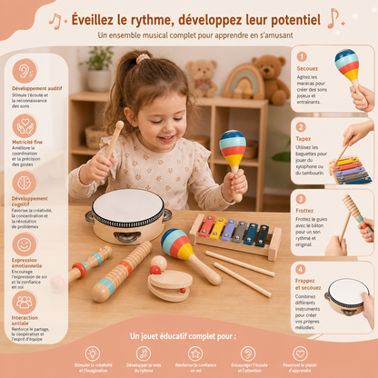 Set d'instruments de musique en bois – Jouets Montessori à percussion et d'éveil au rythme pour enfants