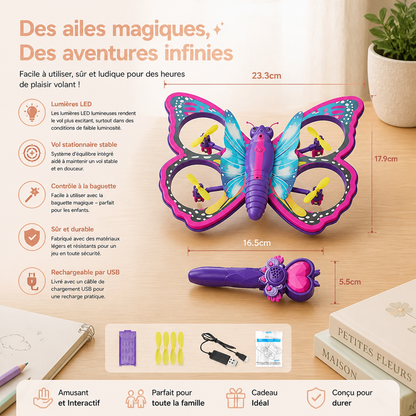 Jouet quadricoptère papillon lumineux avec commande par baguette magique