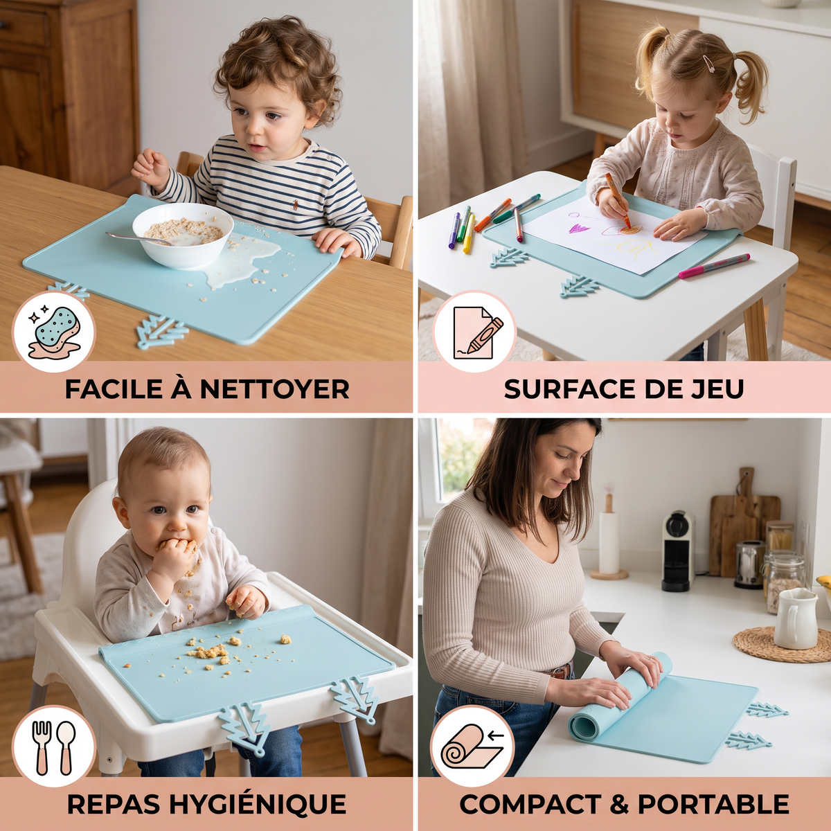 Tapis de Table en Silicone BabySafe Pratique et Hygiénique pour Bébé avec Bord Surélevé