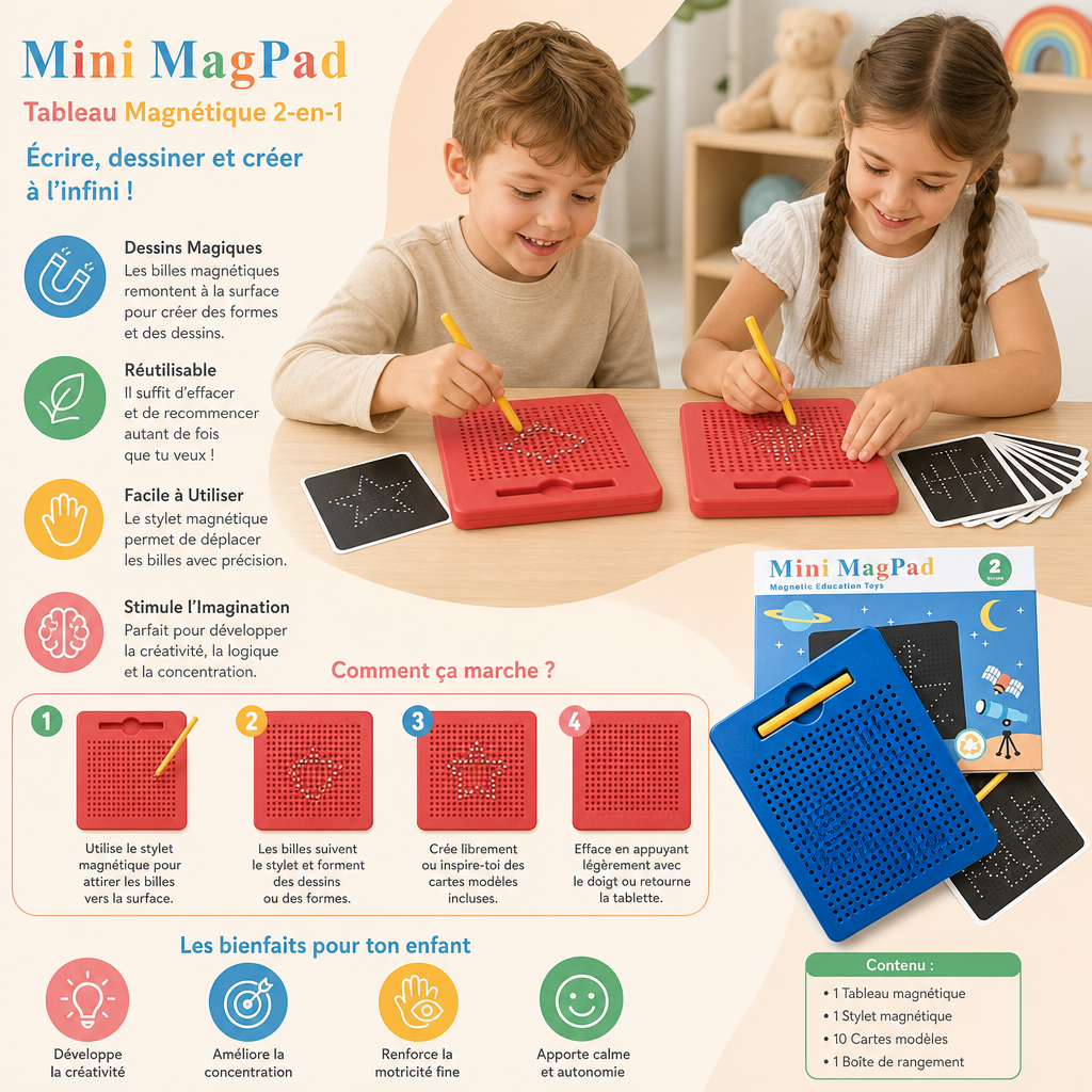 Tableau Magnétique 2-en-1 pour Écrire et Dessiner pour Enfants avec Formes Amovibles à Clipser