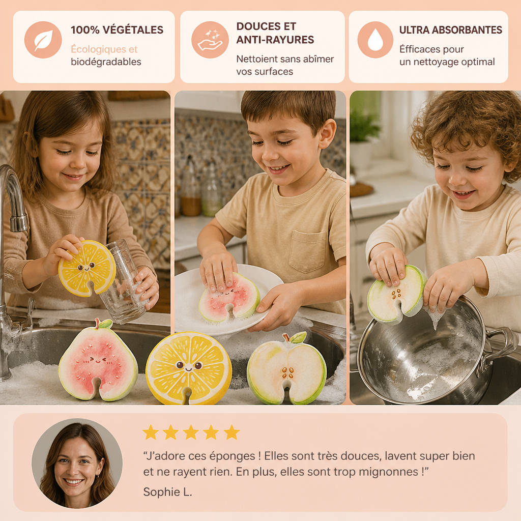 Éponges en Cellulose Gonflantes en Forme de Fruits – Lot de 3 Éponges de Cuisine Végétales Anti-Rayures