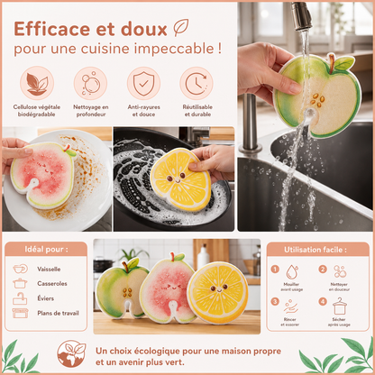 Éponges en Cellulose Gonflantes en Forme de Fruits – Lot de 3 Éponges de Cuisine Végétales Anti-Rayures