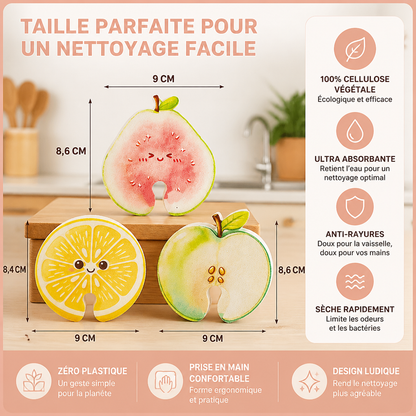 Éponges en Cellulose Gonflantes en Forme de Fruits – Lot de 3 Éponges de Cuisine Végétales Anti-Rayures