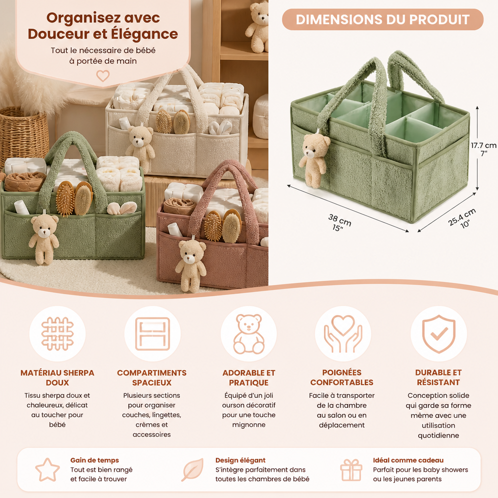 Panier de Rangement à Couches en Sherpa Doux – Organisateur pour Chambre de Bébé et Table à Langer