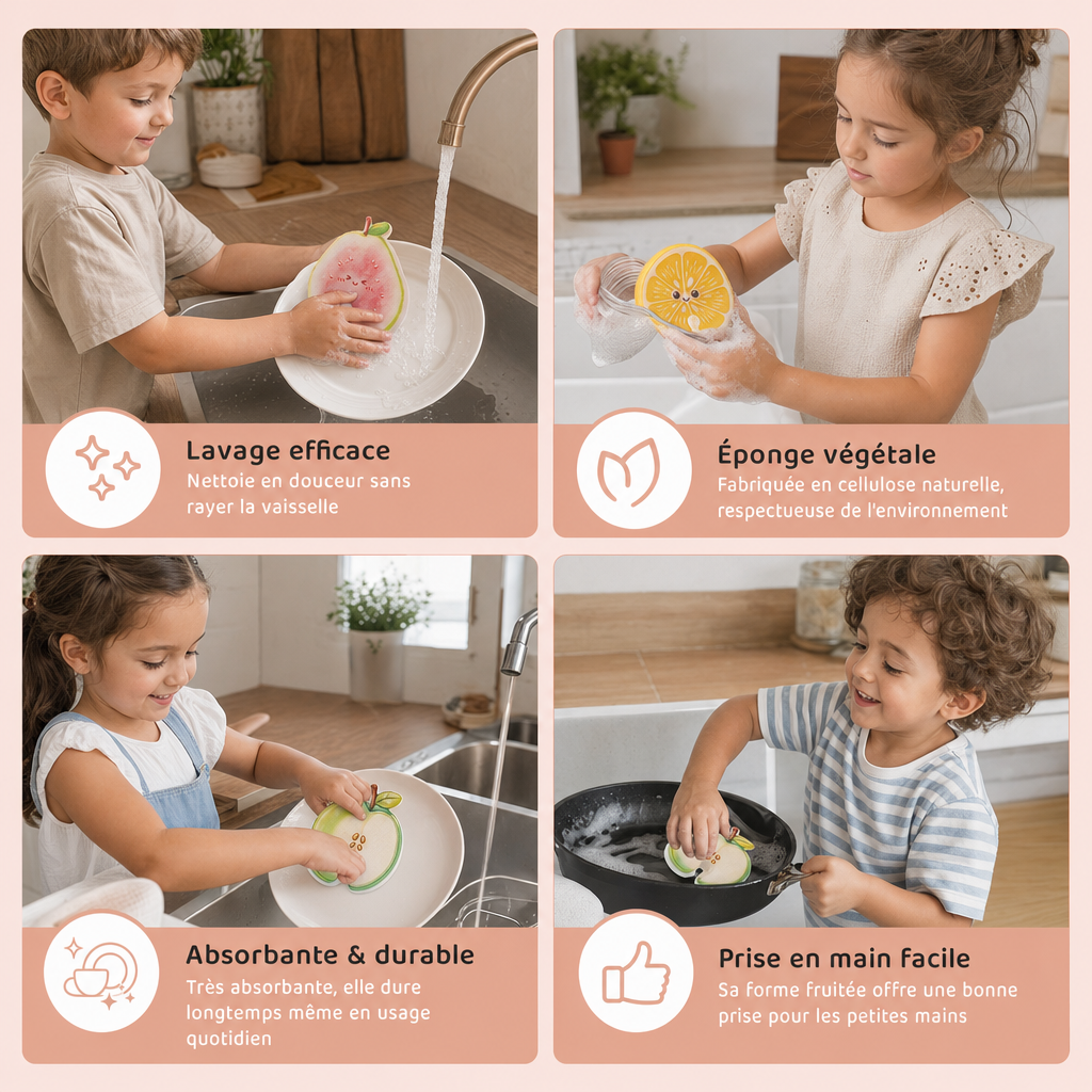 Éponges en Cellulose Gonflantes en Forme de Fruits – Lot de 3 Éponges de Cuisine Végétales Anti-Rayures