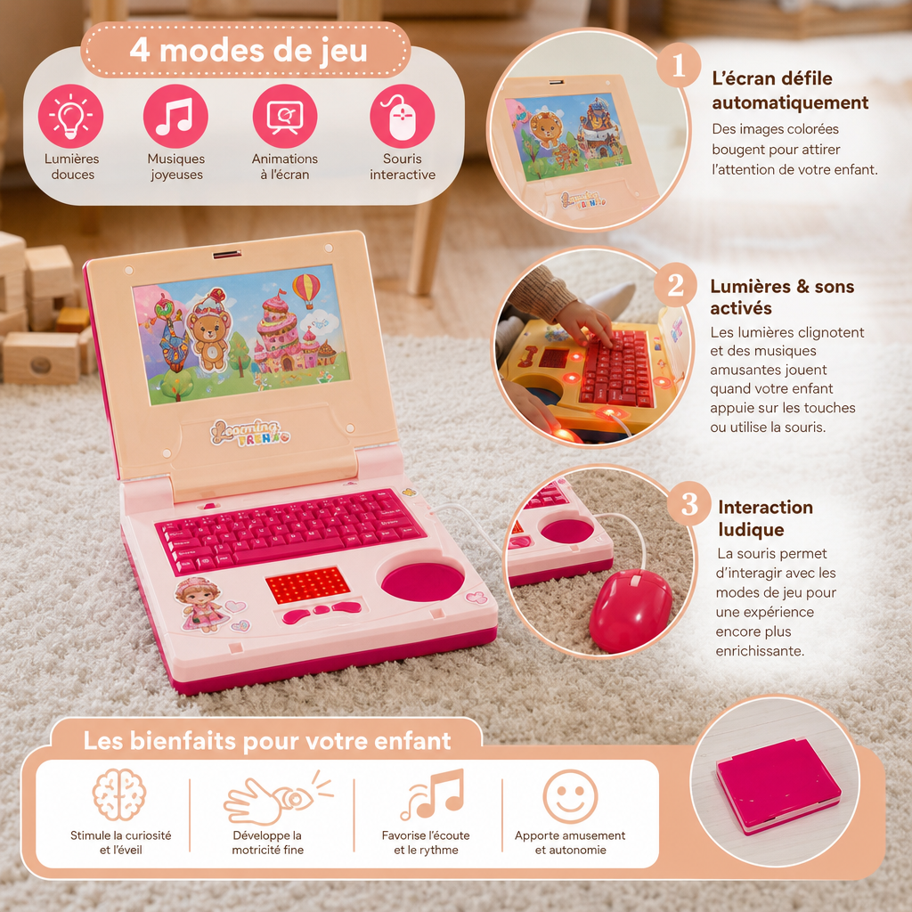 Ordinateur portable interactif pour enfants avec lumières, musique et écran défilant