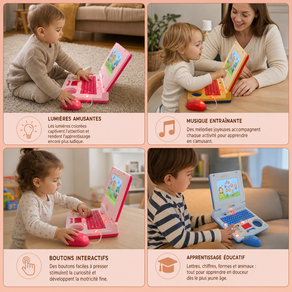 Ordinateur portable interactif pour enfants avec lumières, musique et écran défilant