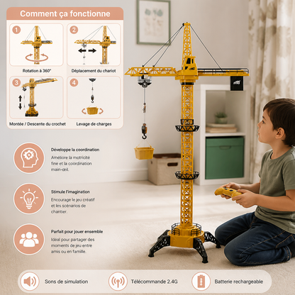 Grue à tour télécommandée – jouet de construction rotatif à 360° avec fonction de levage