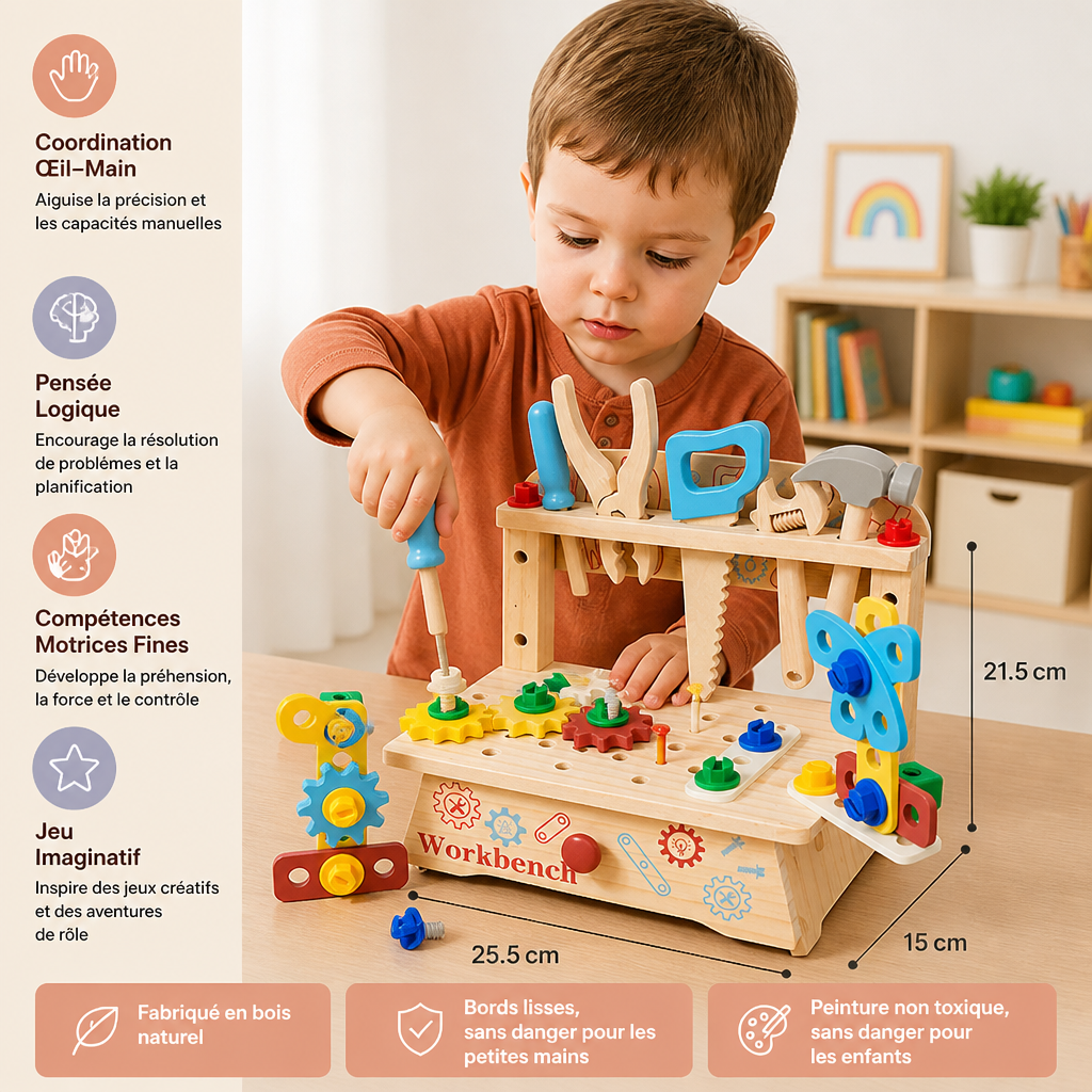 Établi en bois pour enfants avec set d’outils – jouet éducatif de construction DIY pour développer la motricité fine