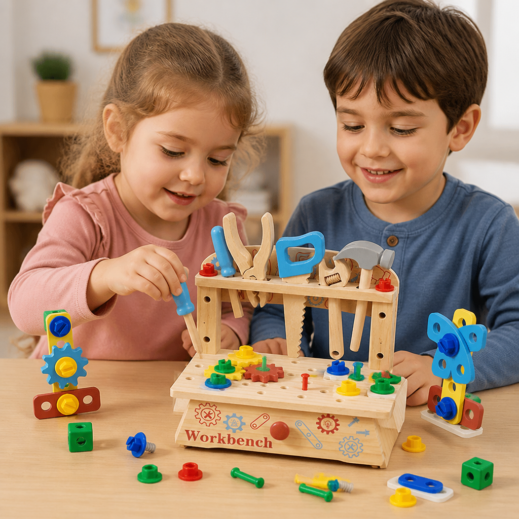 Établi en bois pour enfants avec set d’outils – jouet éducatif de construction DIY pour développer la motricité fine