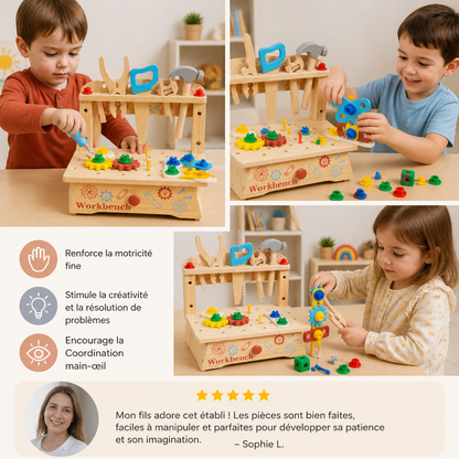 Établi en bois pour enfants avec set d’outils – jouet éducatif de construction DIY pour développer la motricité fine
