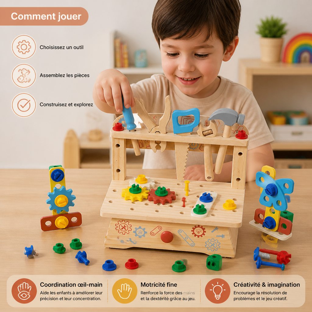 Établi en bois pour enfants avec set d’outils – jouet éducatif de construction DIY pour développer la motricité fine