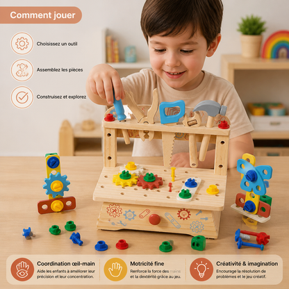 Établi en bois pour enfants avec set d’outils – jouet éducatif de construction DIY pour développer la motricité fine