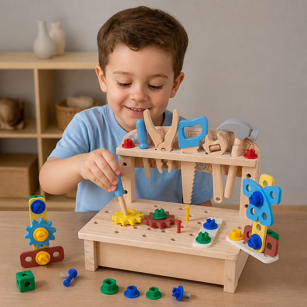 Établi en bois pour enfants avec set d’outils – jouet éducatif de construction DIY pour développer la motricité fine