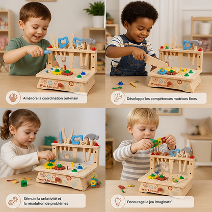 Établi en bois pour enfants avec set d’outils – jouet éducatif de construction DIY pour développer la motricité fine