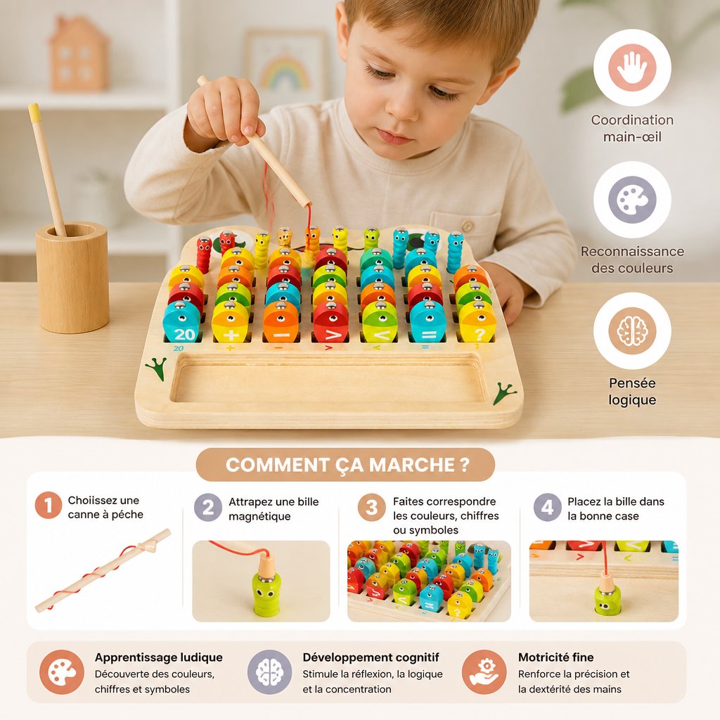 Jeu de pêche magnétique en bois – jouet éducatif pour enfants pour apprendre l’alphabet et les mathématiques et développer la motricité fine