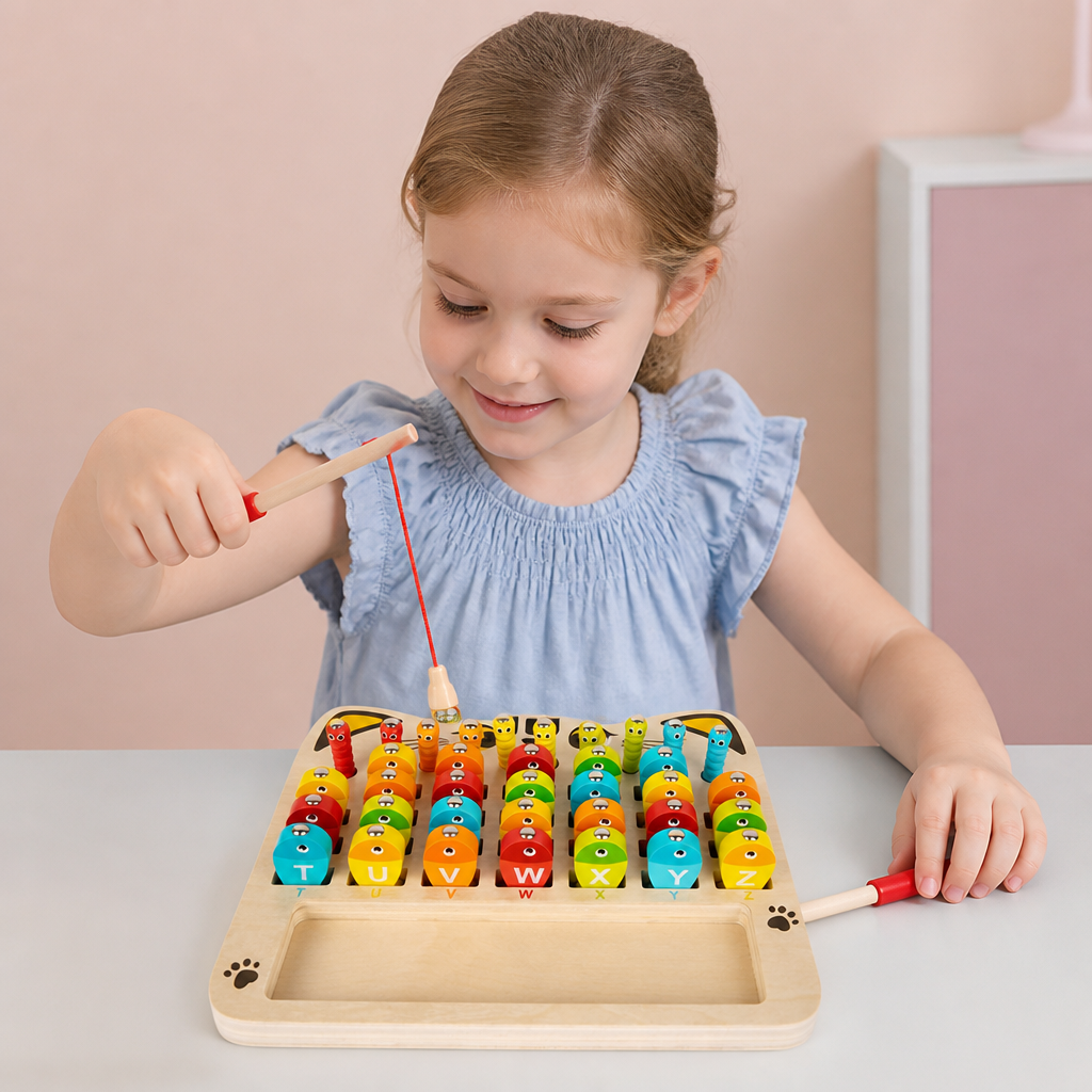 Jeu de pêche magnétique en bois – jouet éducatif pour enfants pour apprendre l’alphabet et les mathématiques et développer la motricité fine