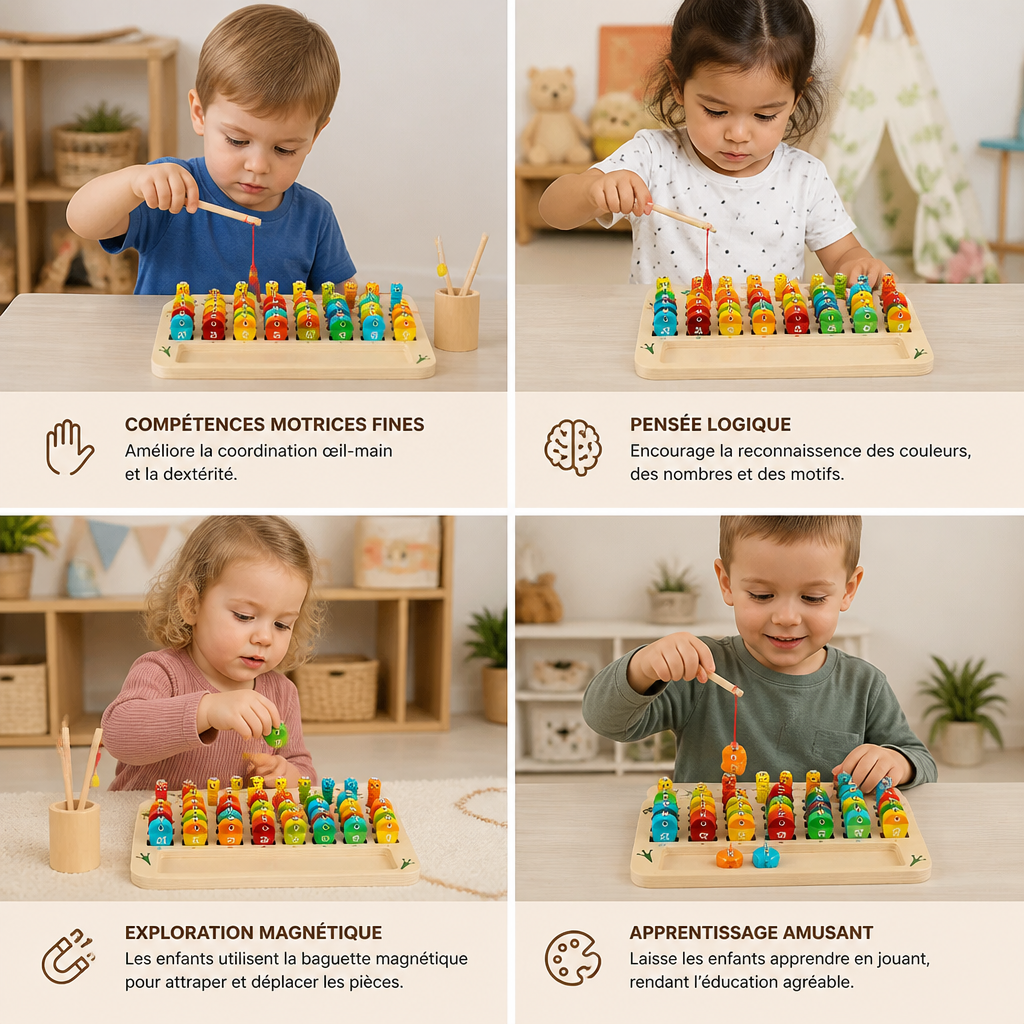 Jeu de pêche magnétique en bois – jouet éducatif pour enfants pour apprendre l’alphabet et les mathématiques et développer la motricité fine