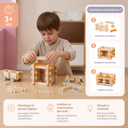 Set de Blocs de Construction en Bois Montessori – Jouet Naturel d’Empilage et de Construction